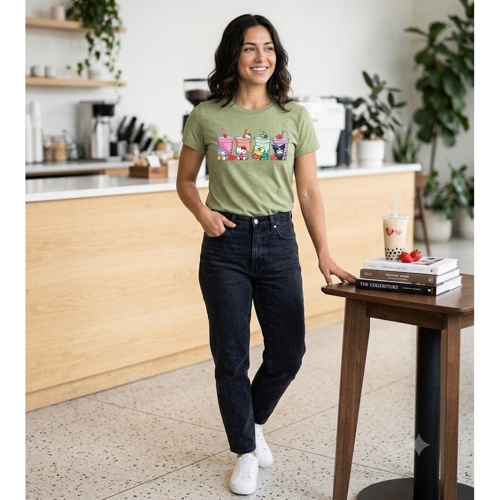 Sanrio Tee Boba Tea Friends Hello Kitty Keroppi Kuromi Green Womens Small